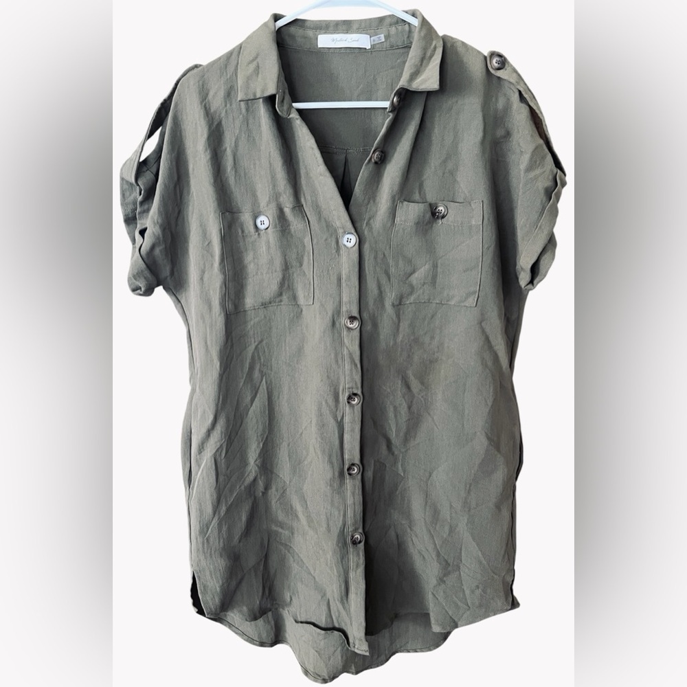 Mustard Seed Army Green Short Sleeve Button Down Shirt Dress - Picture 3 of 8